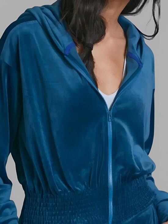 Anthropologie Tops - Anthropologie Women's Catie Cropped Velvet Zip-Up Hoodie Blue Size XL